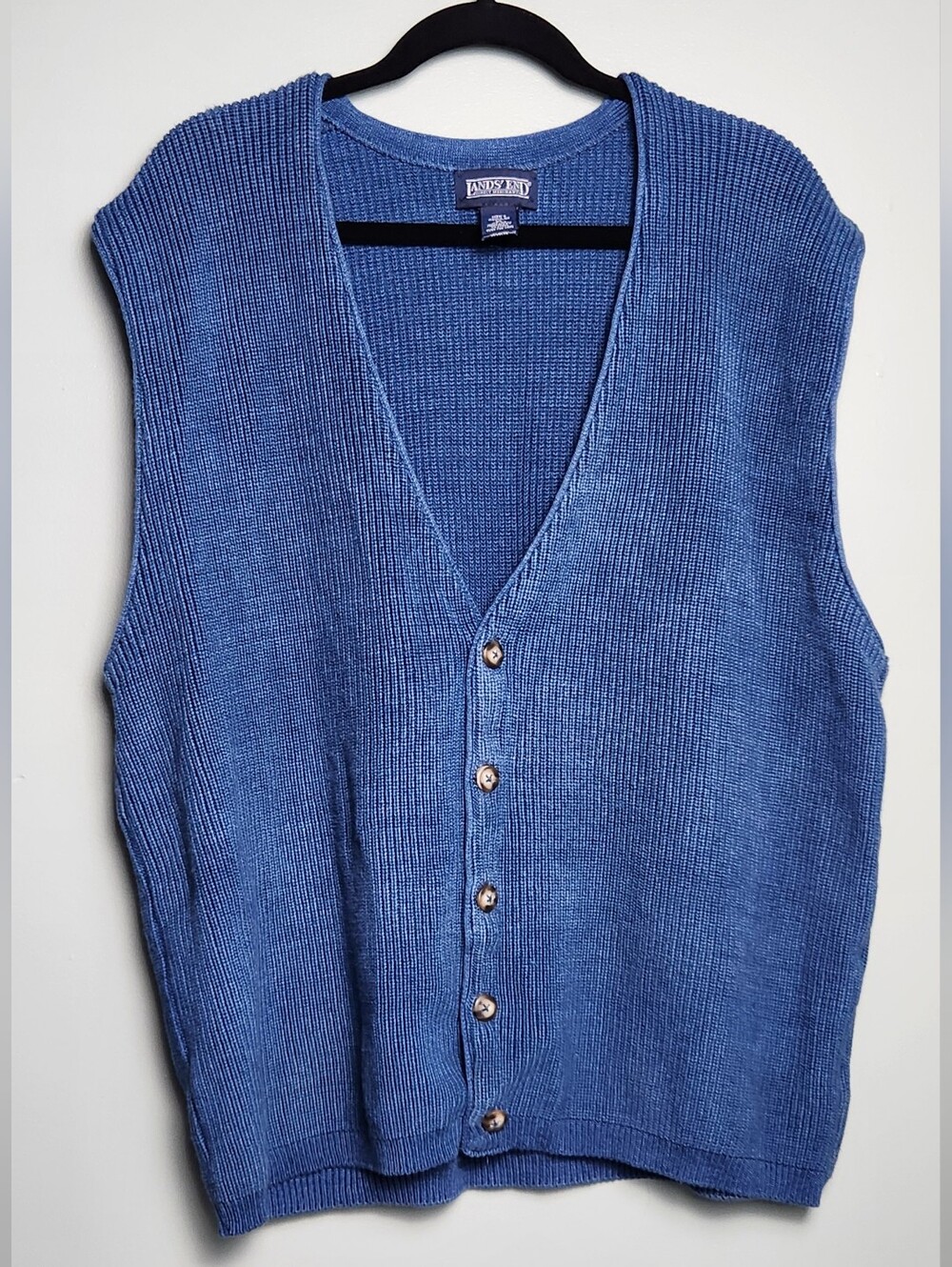 Vintage Lands End Buttons Geek Collegiate Sweater Vest XL Blue